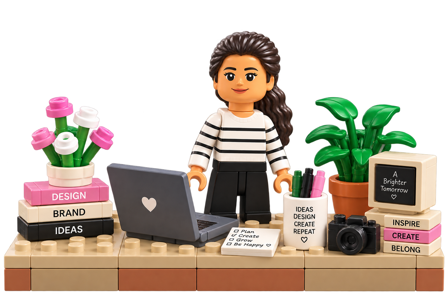 Illustrated desk scene: designer with laptop, camera, flowers and blocks reading Design, Brand, Ideas